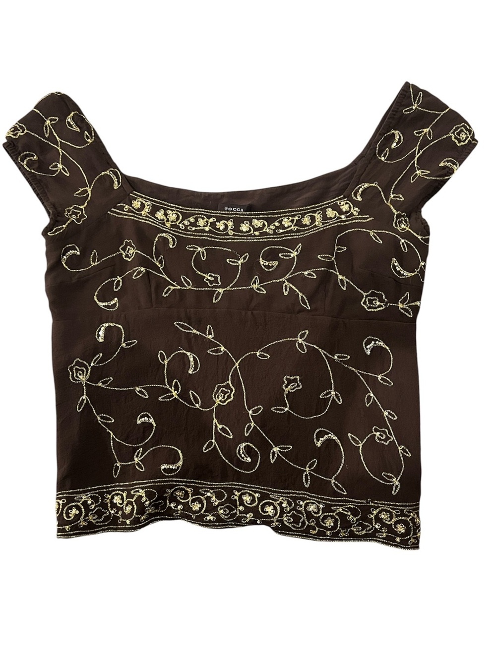 Tocca Brown Embroidered Square-Neck Women’s silk Top. Size 10